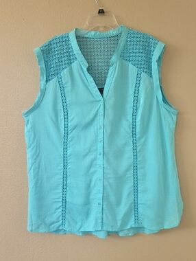 Addition Elle Womens Plus Size Linen Blend Turquoise Sleeveless Blouse